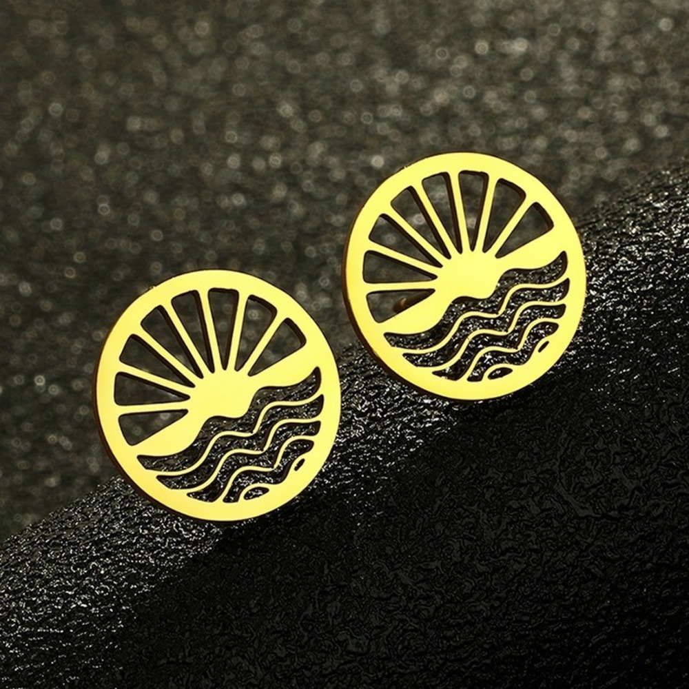 Gold Sunrise Wave Stud‎ Earrings Stainless Steel Circle Jewelry Stainless Steel